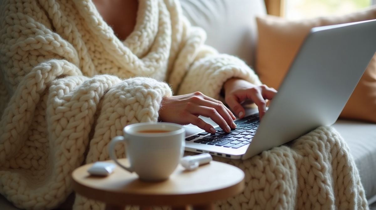 Osoba owinięta kocem pisze na laptopie na kanapie, obok kubek herbaty